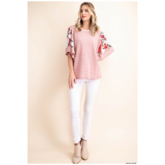 KORI ORIENTAL FLOWER MIXED PIN STRIPE TOP - Picture 7 of 8